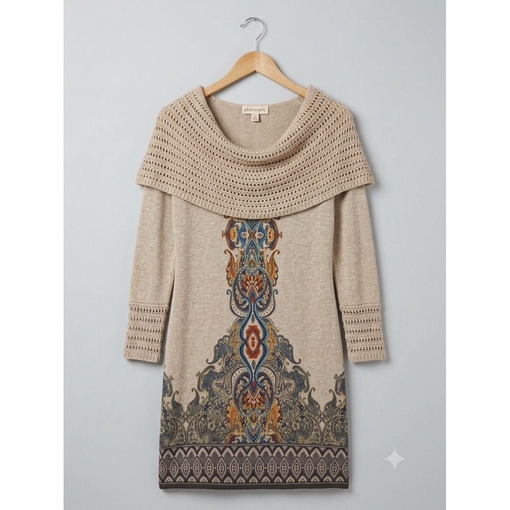 Philosophy Republic Clothing Beige Crochet Cowl Neck Paisley Sweater Dress L